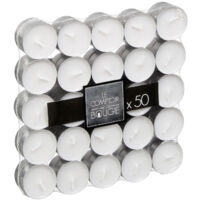 Lot de 50 bougies chauffe-plat en cire – Coupelle en aluminium – Dimensions D. 3,7 x H. 1,8 cm – Couleur blanc – Comptoirdelabougie