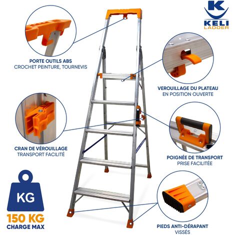 KELI - Escabeau Super Pro 5 Marches (Hauteur d'accès au travail 3,14M), Marchepied, Échelle Professionnelle, Poignée de Transport, Porte Outils ABS