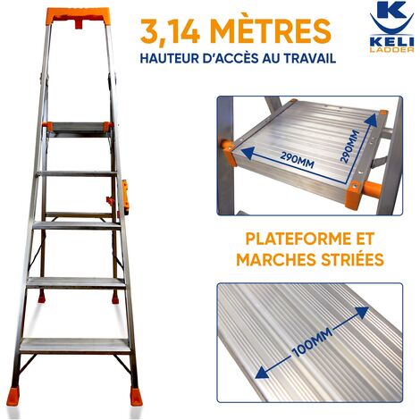 KELI - Escabeau Super Pro 5 Marches (Hauteur d'accès au travail 3,14M), Marchepied, Échelle Professionnelle, Poignée de Transport, Porte Outils ABS