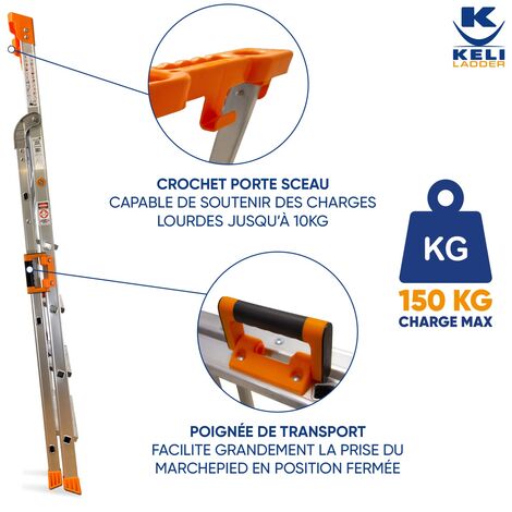 KELI - Escabeau Super Pro 5 Marches (Hauteur d'accès au travail 3,14M), Marchepied, Échelle Professionnelle, Poignée de Transport, Porte Outils ABS