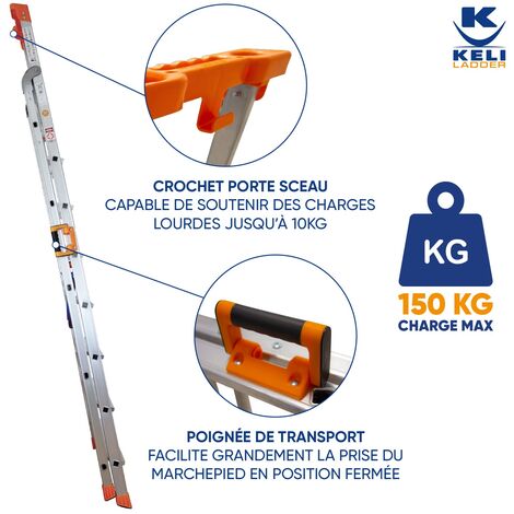 KELI - Escabeau Super Pro 8 Marches (Hauteur d'accès au travail 3,85M), Marchepied, Échelle Professionnelle, Poignée de Transport, Porte Outils ABS