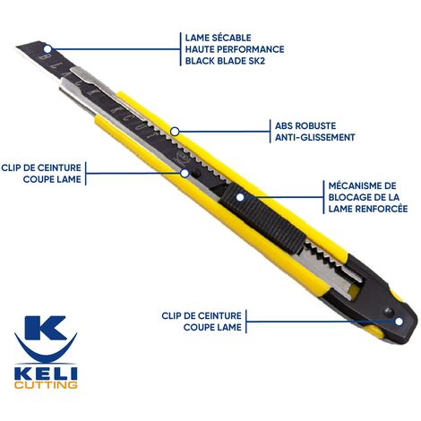 Cutter - Keli - Lot de 12 - 18mm - 2 lames supplémentaires - Black Blade SK2 - Bricolage
