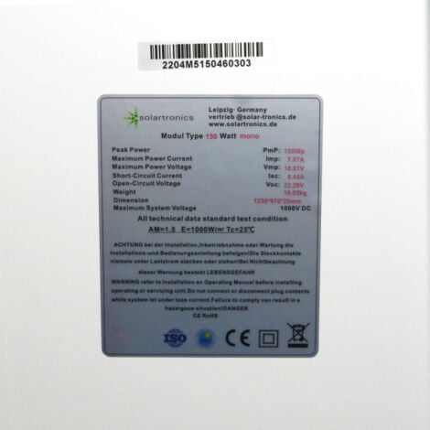 Solarmodul 150 Watt Mono 12 Busbars 210mm Zellformat Solarpanel Solarzelle 1230x670x35 90660