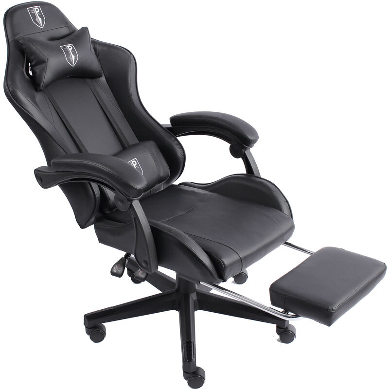 Gaming Chair im Racing-Design mit flexiblen gepolsterten Armlehnen -  ergonomischer PC Gaming Stuhl in Lederoptik - Gaming Schreibtischstuhl mit  ausziehbarer Fußstütze und extra Stützkissen, Schwarz