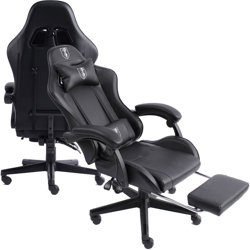 Gaming Chair im Racing-Design mit flexiblen gepolsterten Armlehnen -  ergonomischer PC Gaming Stuhl in Lederoptik - Gaming Schreibtischstuhl mit  ausziehbarer Fußstütze und extra Stützkissen, Schwarz