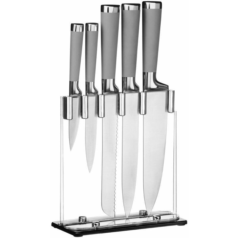 5pc Premier Housewares Grey Knife Set With Clear Storage Block on