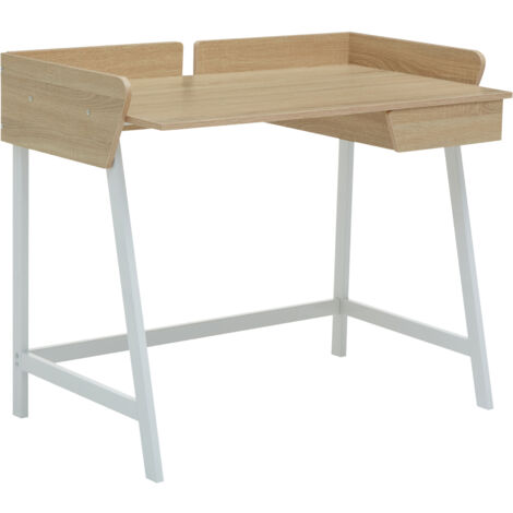 Natural oak computer desk with drawer – Rectangular top – Sleek white metal frame – For home schooling and freelancing – Premier Housewares (1/5)