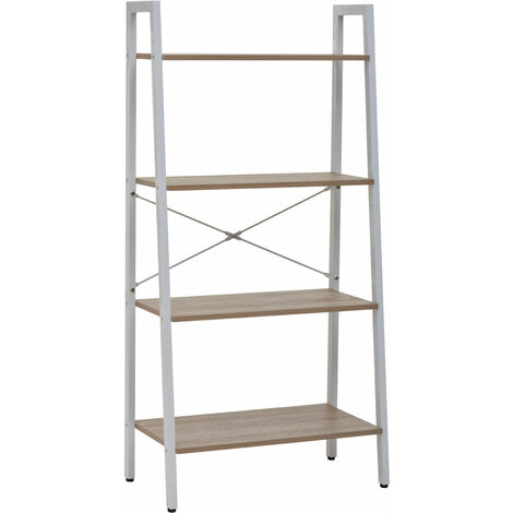 Natural Oak Veneer Ladder Shelf Unit, Four Tier White Ladder Bookcase Shelf