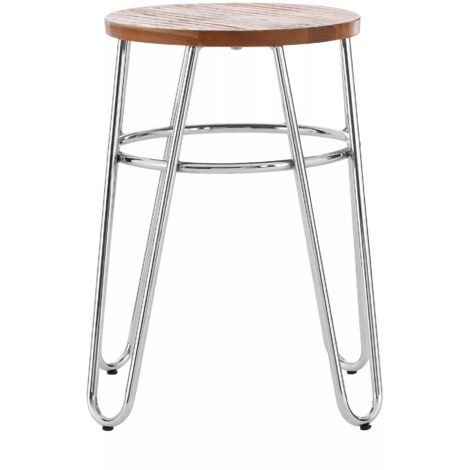 Interiors by Premier Chrome Metal and Elm Wood Round Stool, Small Hairpin Stool, Sturdy Stool for Lounge, Bedroom (1/4)