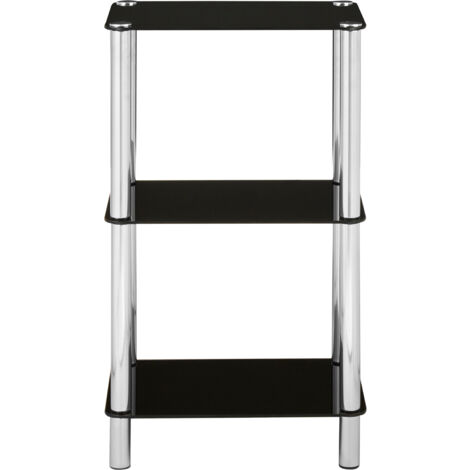 Interiors by Premier 3 Tier Black Glass Shelf Unit, Modern Black Shelving Unit With Silver Metal Frame, Three Tier Shelf Unit