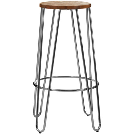 Interiors by Premier Chrome Metal and Elm Wood Round Bar Stool, Hairpin Stool, Sturdy Stool for Bar, Kitchen Counter