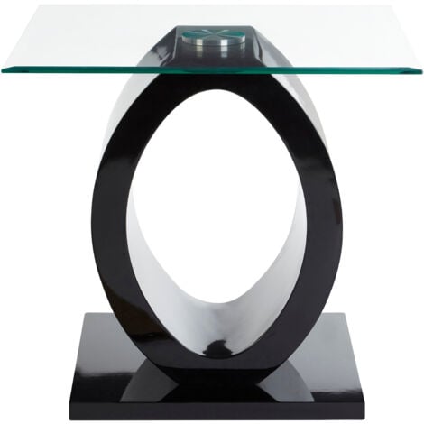 Interiors by Premier Modern O Shaped Wooden Side Table, Glass Top Wood Side Table, Black Bedside Table, Tempered Glass Side Table