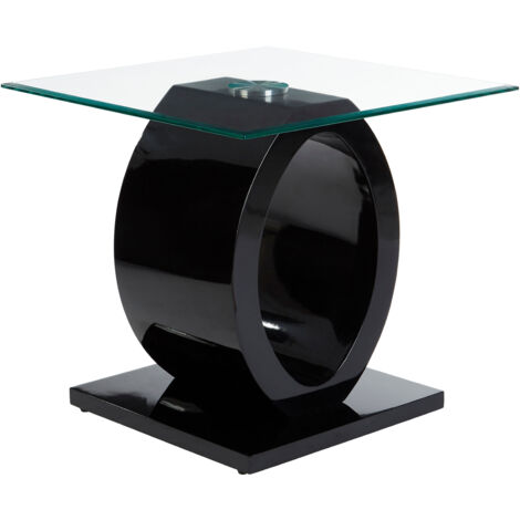 Interiors by Premier Modern O Shaped Wooden Side Table, Glass Top Wood Side Table, Black Bedside Table, Tempered Glass Side Table