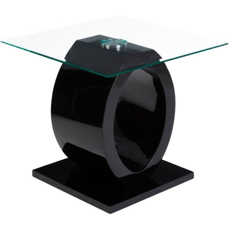 Interiors by Premier Modern O Shaped Wooden Side Table, Glass Top Wood Side Table, Black Bedside Table, Tempered Glass Side Table
