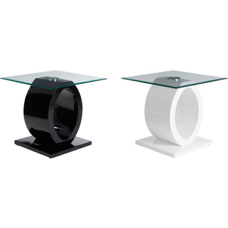 Interiors by Premier Modern O Shaped Wooden Side Table, Glass Top Wood Side Table, Black Bedside Table, Tempered Glass Side Table