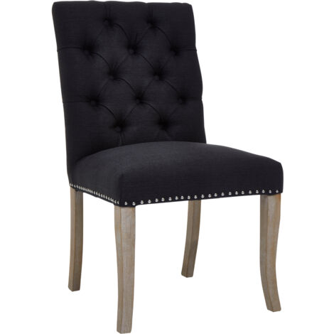 Premier Housewares Black Buttoned Dining Chair/ Antique Rubberwood Legs Chairs For Bedroom Black Linen Upholstery Rectangular Back Button Tufted Detail 62 x 97 x 56