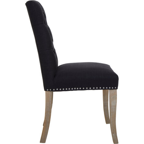 Premier Housewares Black Buttoned Dining Chair/ Antique Rubberwood Legs Chairs For Bedroom Black Linen Upholstery Rectangular Back Button Tufted Detail 62 x 97 x 56