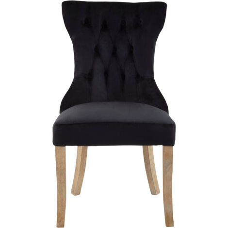 Premier Housewares Black Buttoned Dining Chair/ Antique Rubberwood Legs Chairs For Bedroom Black Velvet Upholstery Hourglass Back Button Tufted Detail 65 x 102 x 54