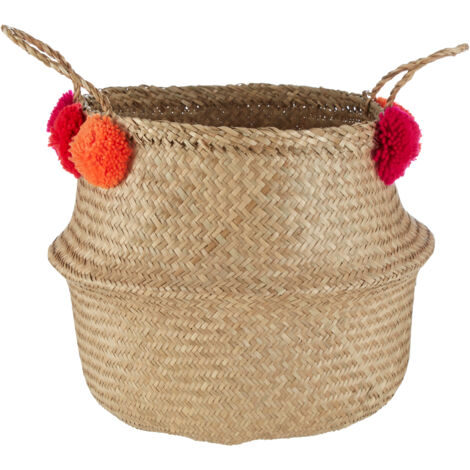Premier Housewares Small Natural Seagrass Pom Pom Basket Decorative Storage Basket With Red and Orange Pom Poms Baskets With Handles w30 x d30 x h28cm (1/5)