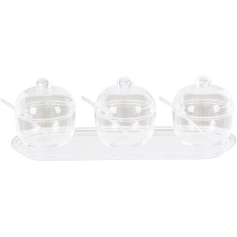 Premier Housewares Sugar Pot Vintage Sauce Dish Transparent Condiment Pots With Spoon And Tray Durable Containers Set Of 3 w33 x d10 x h13cm (1/3)