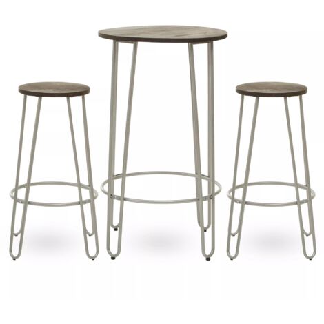Interiors by Premier Set of 3 Silver Frame Bar Table Stool Set , Hairpin Stool for Kitchen Counter, Elm Wood Metal Frame Stool