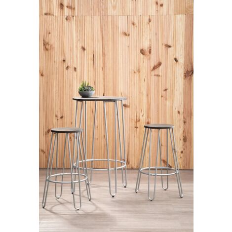Interiors by Premier Set of 3 Silver Frame Bar Table Stool Set , Hairpin Stool for Kitchen Counter, Elm Wood Metal Frame Stool