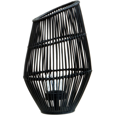 Interiors by Premier Elegant Design Large Black Natural Rattan Lantern, Functional Black Tealight Lantern, Sleek Candle Lantern
