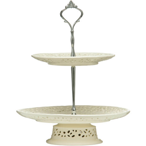 Interiors By Premier Elegant 2 Tier Ceramic Lace Cake Plate, Two Tier Design Cake Stand For Dinner, Versatile Cupcake Plate (1/4)