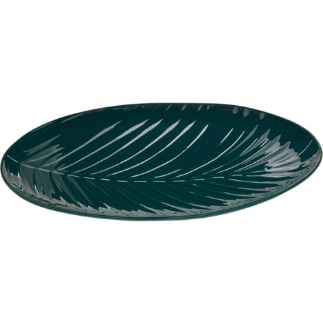 Interiors By Premier Smooth Glazed Finish Dark Green Serving Plate,Embossed Porcelain Dish,Palm Leaf Design Decorative Plate