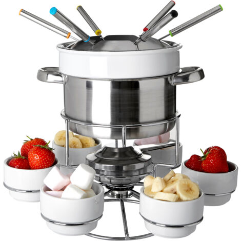 Interiors by Premier Stainless Steel Fondue Set, 6-Person Fondue Pot with Forks, Best fondue pot with Porcelain dessert cups