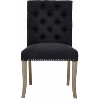 Premier Housewares Black Buttoned Dining Chair/ Antique Rubberwood Legs Chairs For Bedroom Black Linen Upholstery Rectangular Back Button Tufted Detail 62 x 97 x 56