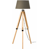Premier Housewares Tripod Floor Lamp Pale Wood And Grey Fabric Shade With Natural Wooden Base Free Standing Lamps For Bedroom Hallways Living Room w65 x d55 x h144cm