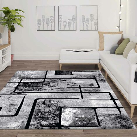 Kurzflor Teppich Wohnzimmerteppich Design Kachel Muster Grau Schwarz Meliert 