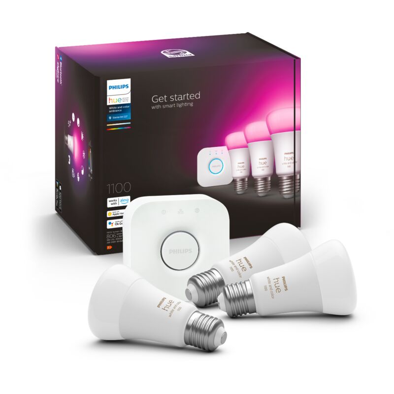 Kit de démarrage Hue : interrupteur avec variateur + 2 ampoules LED E27  White and Colour Ambiance + Hue Bridge