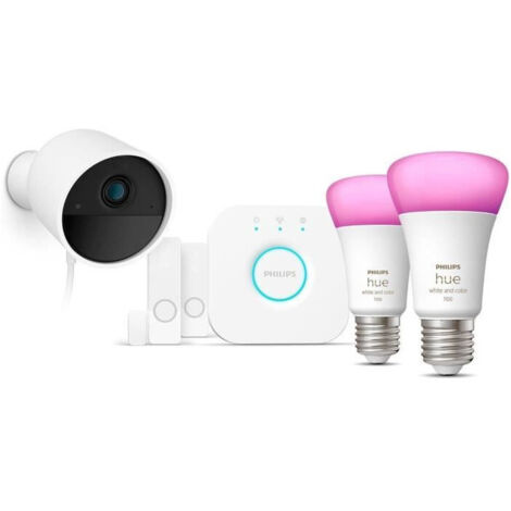Philips Hue Secure, Kit de Démarrage avec 1 Caméra Filaire Sécurisée Blanche, 2 Capteurs de Contact Sécurisés Blancs, 2 Ampoules Connectées White and Color Ambiance, 1 Pont