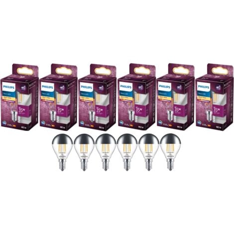 Pack de 6 ampoules LED Philips Classic Filament P45 E14 4W (équivalent 35W) – Lumière blanche chaude 2700K