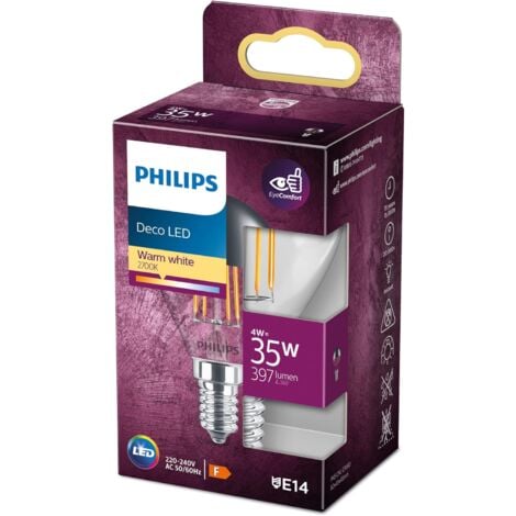Pack de 6 ampoules LED Philips Classic Filament P45 E14 4W (équivalent 35W) – Lumière blanche chaude 2700K