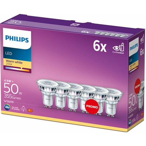 Philips ampoule LED Spot GU10 50W Blanc Chaud, Verre, Lot de 6