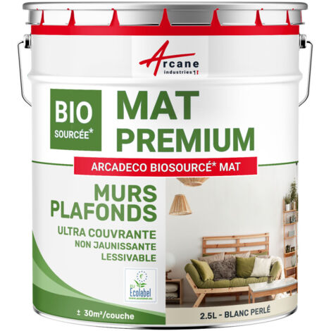 Arcane Industries – Peinture murale mate biosourcée 2.5 L – Couverture 30 m² par couche – Blanc perlé RAL 1013 – Faible émission de COV A+ (1/5)