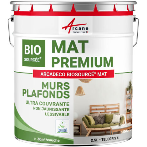 Peinture mat, mur et plafond, biosourcée - Peinture chambre, salon, pièces à vivre - 2.5 L (+ ou - 30m² par couche) Telegris 4 - RAL 7047 - ARCANE INDUSTRIES (1/5)