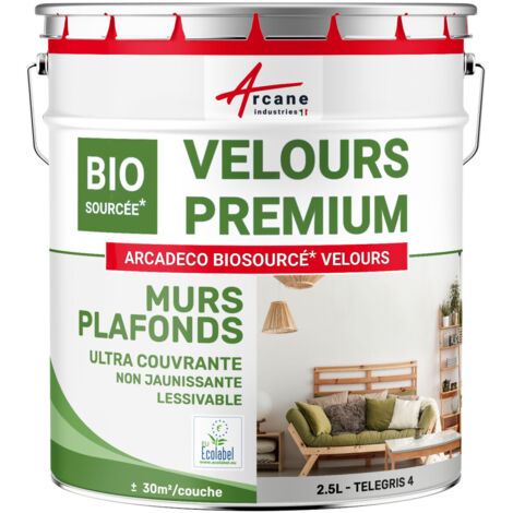 Arcane Industries – Peinture murale biosourcée satin velours 2.5 L – Couverture 30 m² par couche – Faible émission de COV – RAL 7047