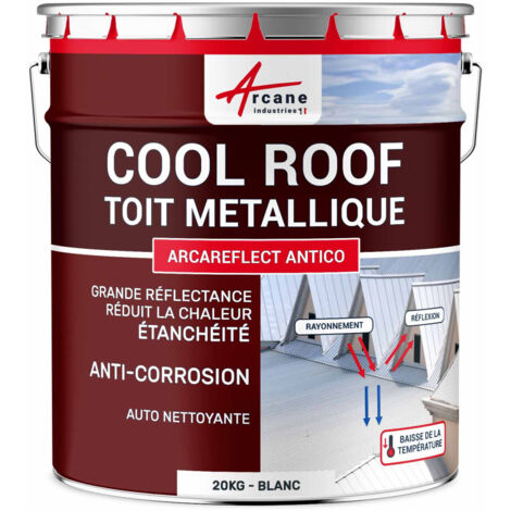 Arcane Industries – Peinture réfléchissante anti-corrosion pour toiture métallique – Étanchéité totale – 20 kg blanc – Application facile au pistolet ou rouleau