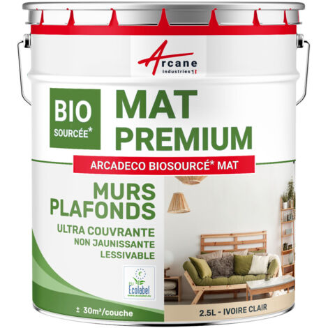 Peinture mat, mur et plafond, biosourcée - Peinture chambre, salon, pièces à vivre - 2.5 L (+ ou - 30m² par couche) Ivoire Clair - RAL 1015 - ARCANE INDUSTRIES (1/5)