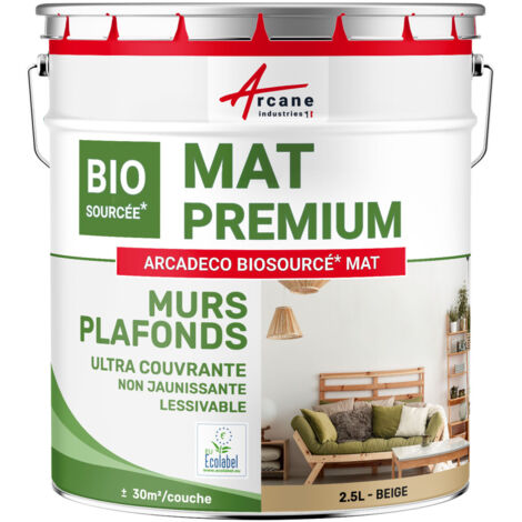 Peinture mat, mur et plafond, biosourcée - Peinture chambre, salon, pièces à vivre - 2.5 L (+ ou - 30m² par couche) Beige - RAL 1001 - ARCANE INDUSTRIES (1/5)