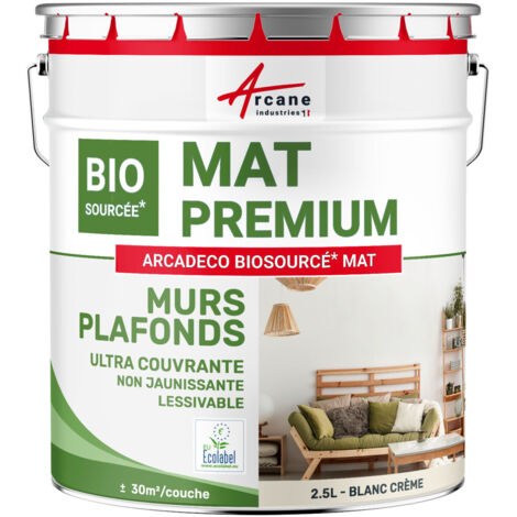 Peinture mat, mur et plafond, biosourcée - Peinture chambre, salon, pièces à vivre - 2.5 L (+ ou - 30m² par couche) Blanc Crème - RAL 9001 - ARCANE INDUSTRIES (1/5)