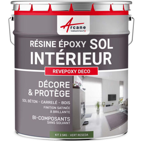 Arcane Industries – Peinture époxy pour sol intérieur – 2.5 kg – Vert Réséda RAL 6011 – Aspect mat soyeux – Jusqu'à 12.5 m² en 2 couches – Pour béton et carrelage