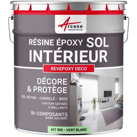 Peinture sol,  résine epoxy, peinture pour sol, salon, cuisine, salle de bains,  effet miroir : Revepoxy deco - 1 kg (jusqu'à 5 m² en 2 couches) Vert Blanc - RAL 6019 - ARCANE INDUSTRIES