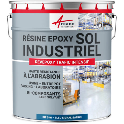 Peinture sol, résine epoxy, revêtement sol industriel et sol béton, usine, parking : Revepoxy trafic intensif - 5 Kg (jusqu'à 10 m² en 2 couches) Bleu signalisation - RAL 5017 - ARCANE INDUSTRIES