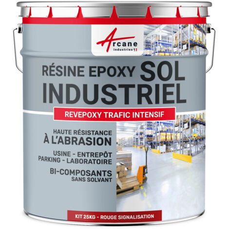 Peinture sol, résine epoxy, revêtement sol industriel et sol béton, usine, parking : Revepoxy trafic intensif - 25 kg (jusqu'à 50 m² en 2 couches) Rouge signalisation - RAL 3020 - ARCANE INDUSTRIES (1/4)