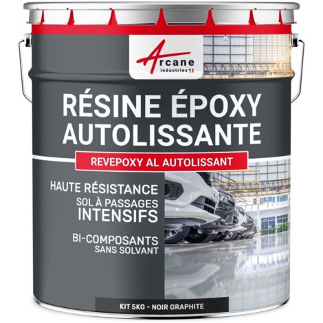 Arcane Industries – Résine époxy autolissante pour sol intérieur – Effet miroir – 5 kg noir graphite – RAL 9011 – Compatible supports poreux et non poreux